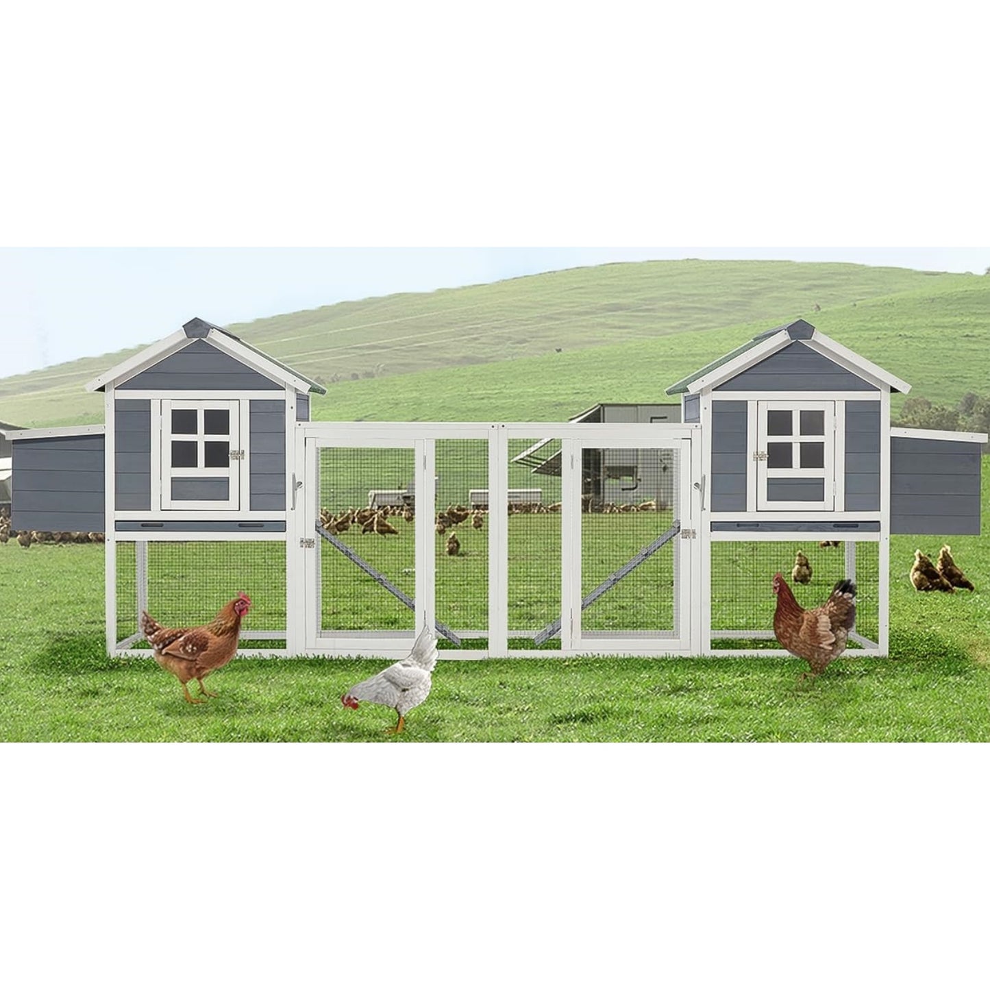 YODOLLA 123" Large Wooden Chicken Coop for 4-6 Chickens, Grey & White