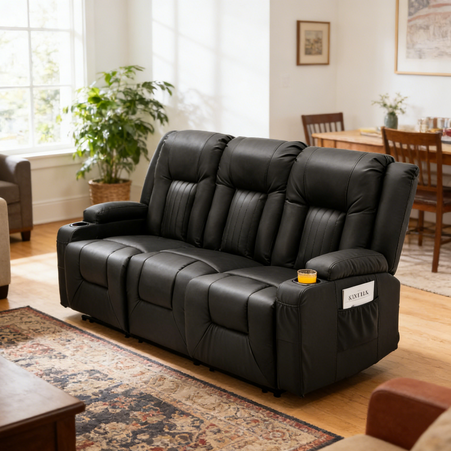 YODOLLA 77" Recliner Sofa Theater Seating with Cup Holders&Side Pockets, Black