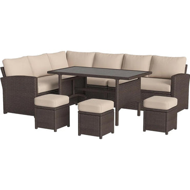YODOLLA 7-Pc Patio Set, Brown Rattan & Khaki Cushions