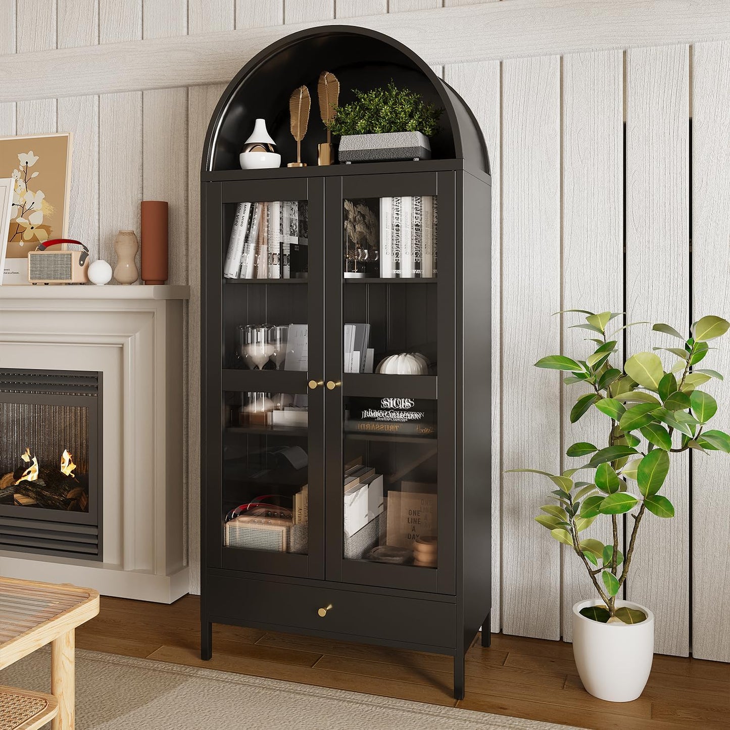 YODOLLA 73'' Arched Metal Bookshelf Display Cabinet