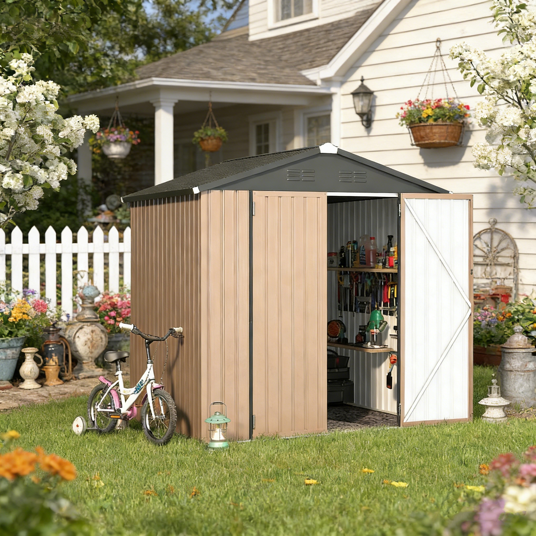 YODOLLA 7' x 7' Storage Metal Shed - Grey, Durable Outdoor Storage for