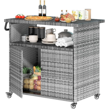 YODOLLA Outdoor Bar Cart with Storage Cabinet, Rattan Bar Table on Wheels
