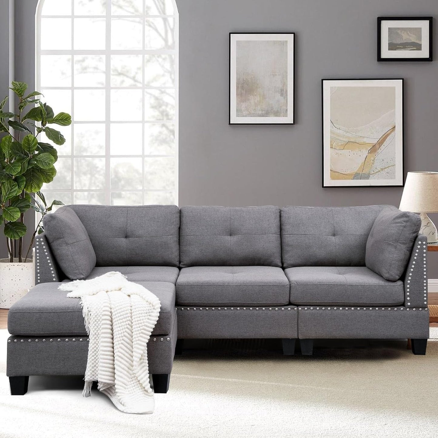 YODOLLA 88.6” L-Shaped Sofa Couch with Reversible Chaise, Fabric Gray