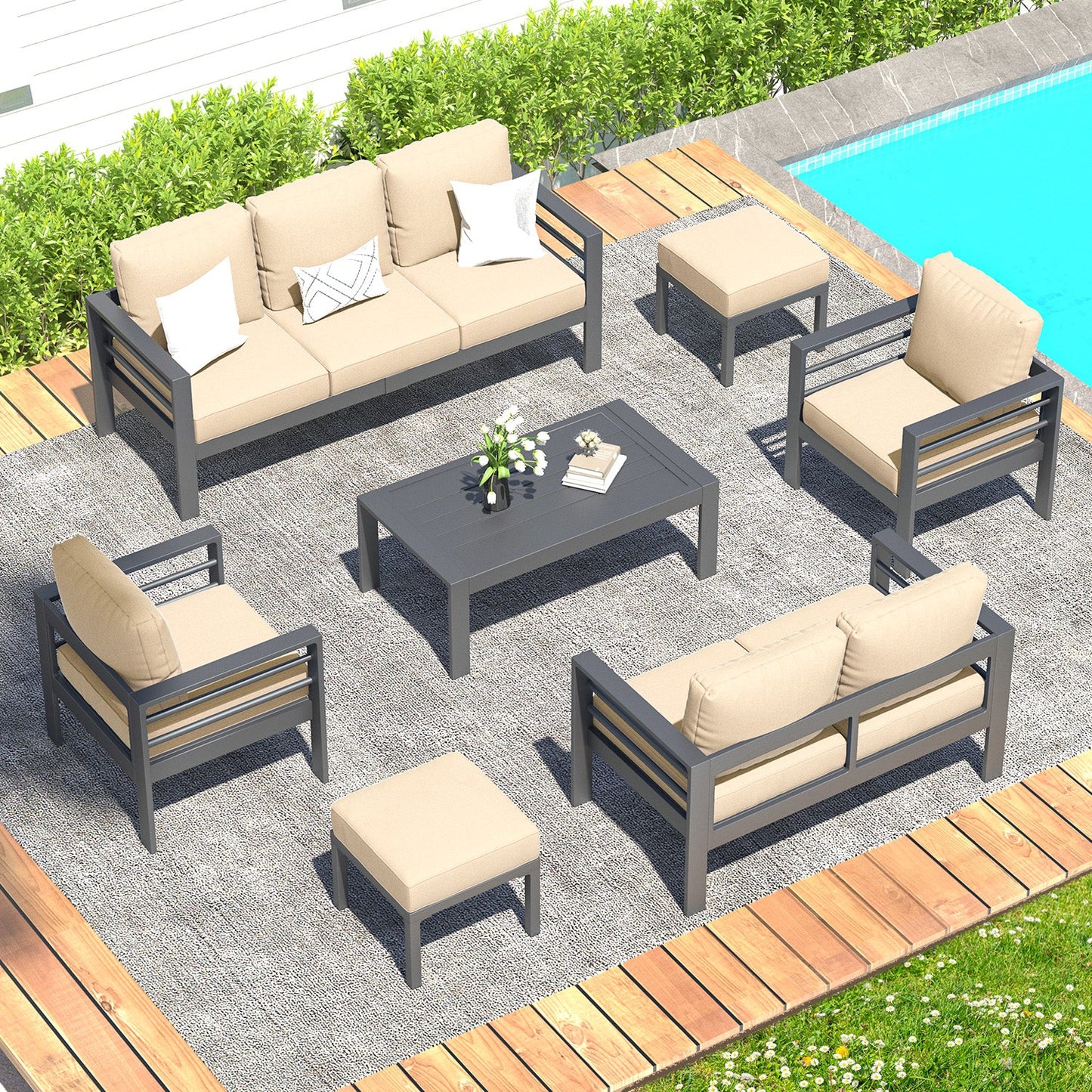 YODOLLA 7 Pieces Aluminum Patio Furniture Set, Beige Cushions