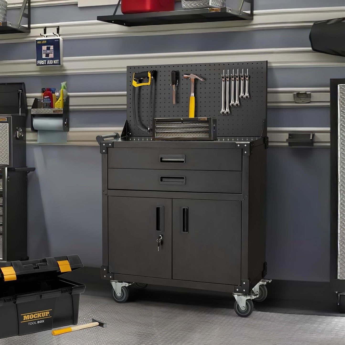 YODOLLA 52'' Work Bench Table for Garage with Pegboard Drawers and Cabinets