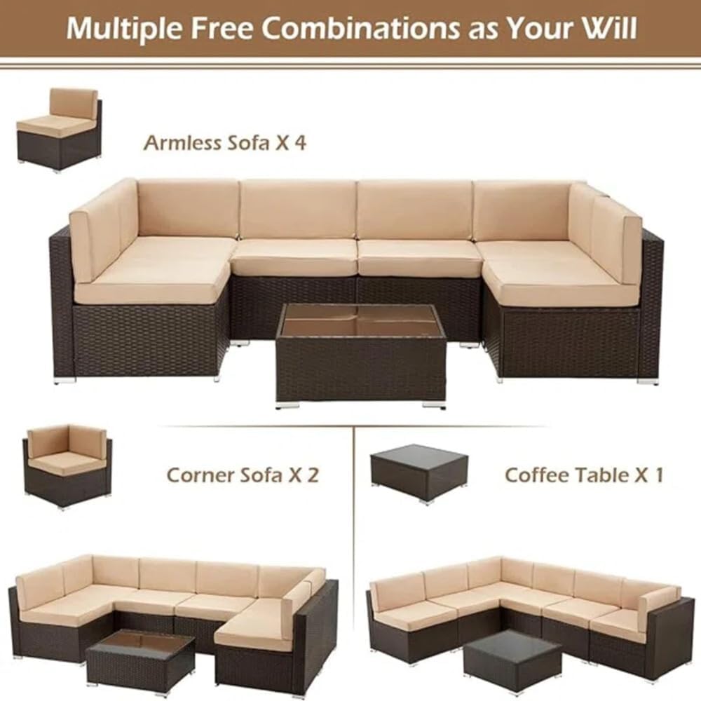 YODOLLA 8 Piece Outdoor Patio Furniture Set with Extra 43 Inch Fire Pit Table, Beige