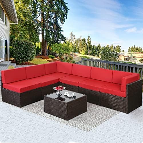 YODOLLA 8 Piece Outdoor Patio Furniture Set with Extra 43 Inch Fire Pit Table, Red