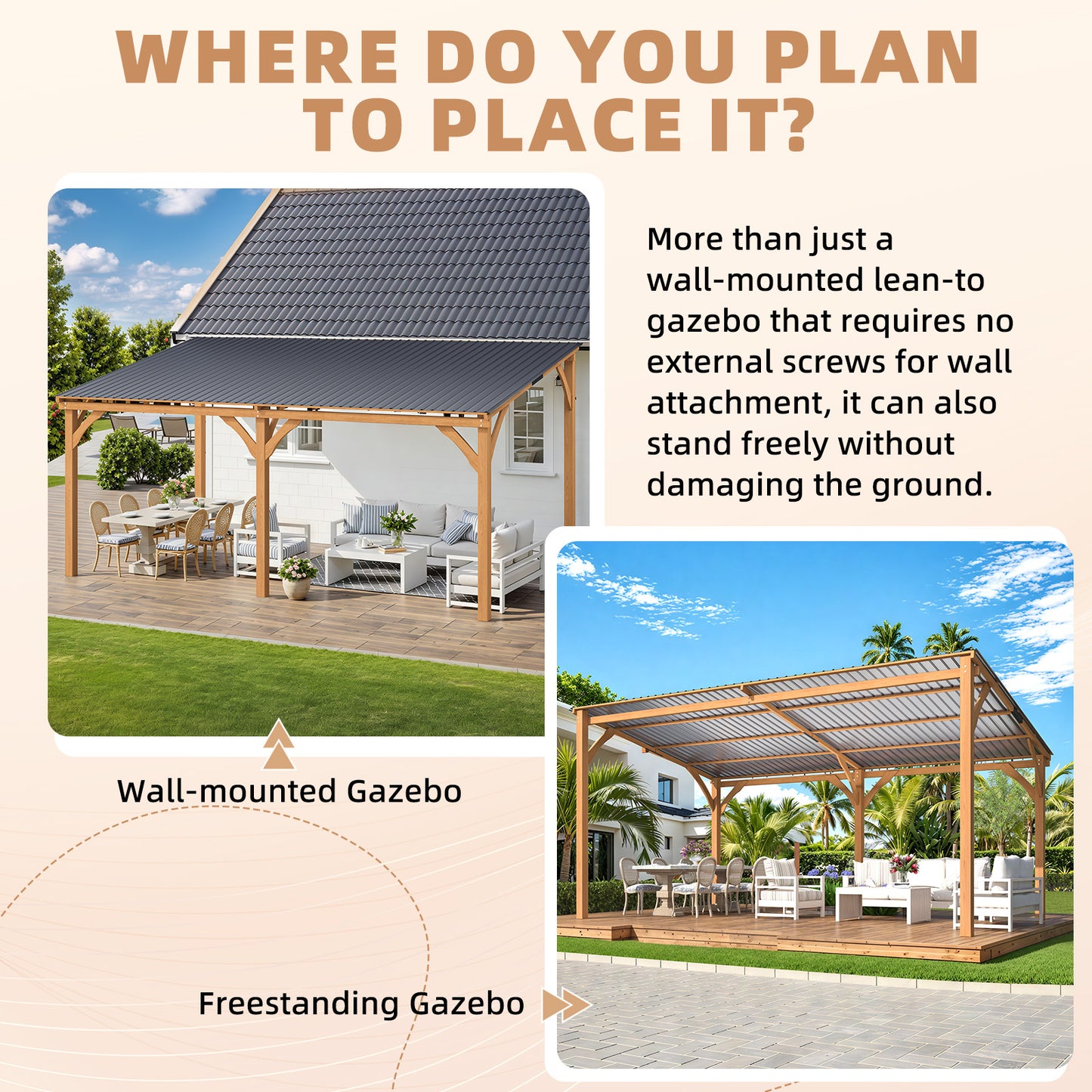 YODOLLA 16' x 10' Outdoor Wood Gazebo Lean to Hardtop Cedar Pergolas
