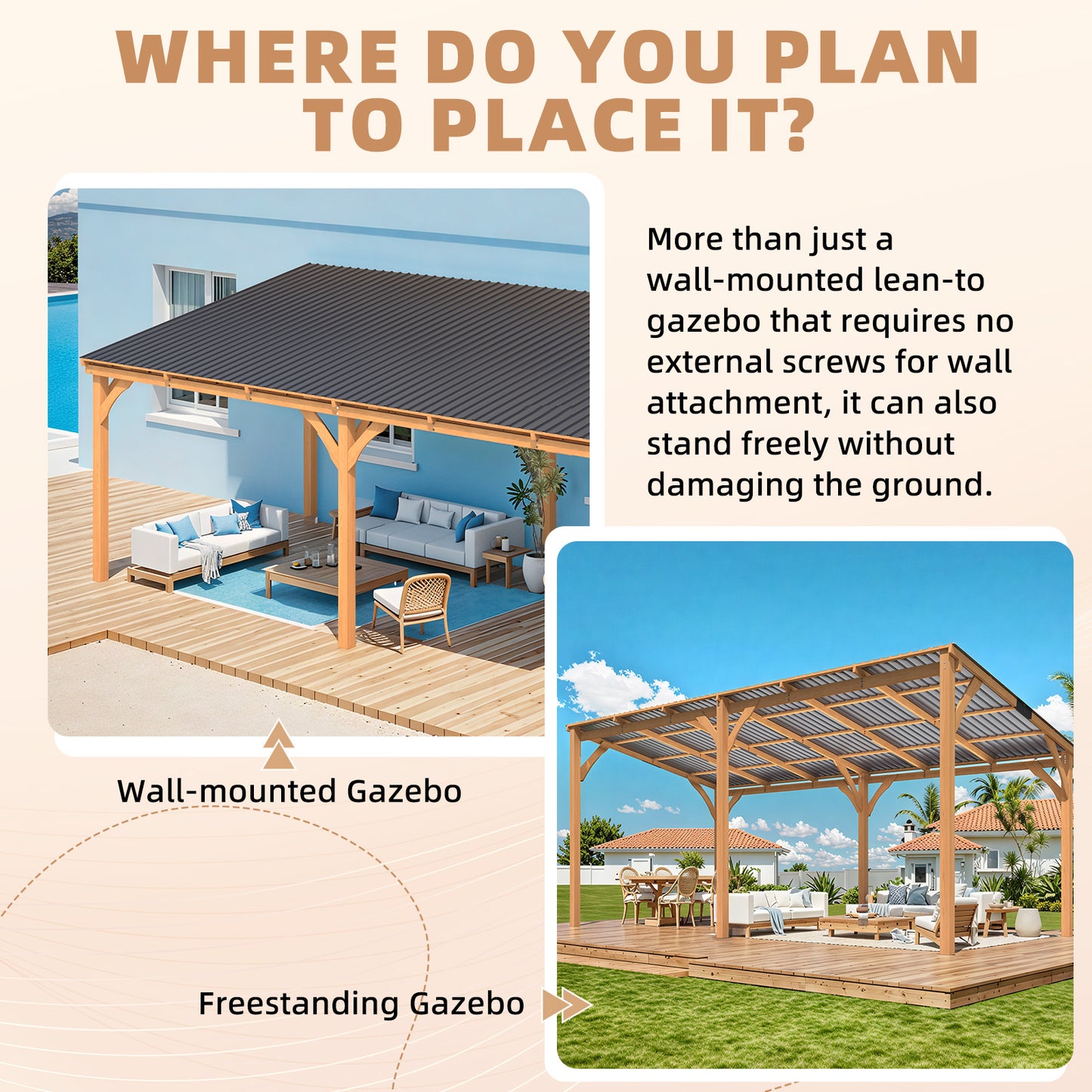 YODOLLA 20' x 10' Outdoor Wood Gazebo Lean to Hardtop Pergolas