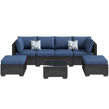 YODOLLA 7 Piece Outdoor Patio Furniture Set, Black & Dark Blue