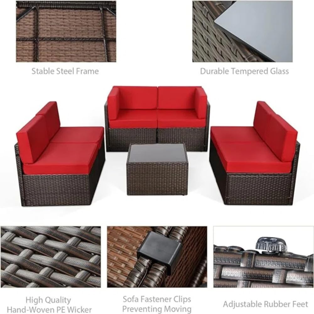 YODOLLA 8 Piece Outdoor Patio Furniture Set with Extra 43 Inch Fire Pit Table, Red