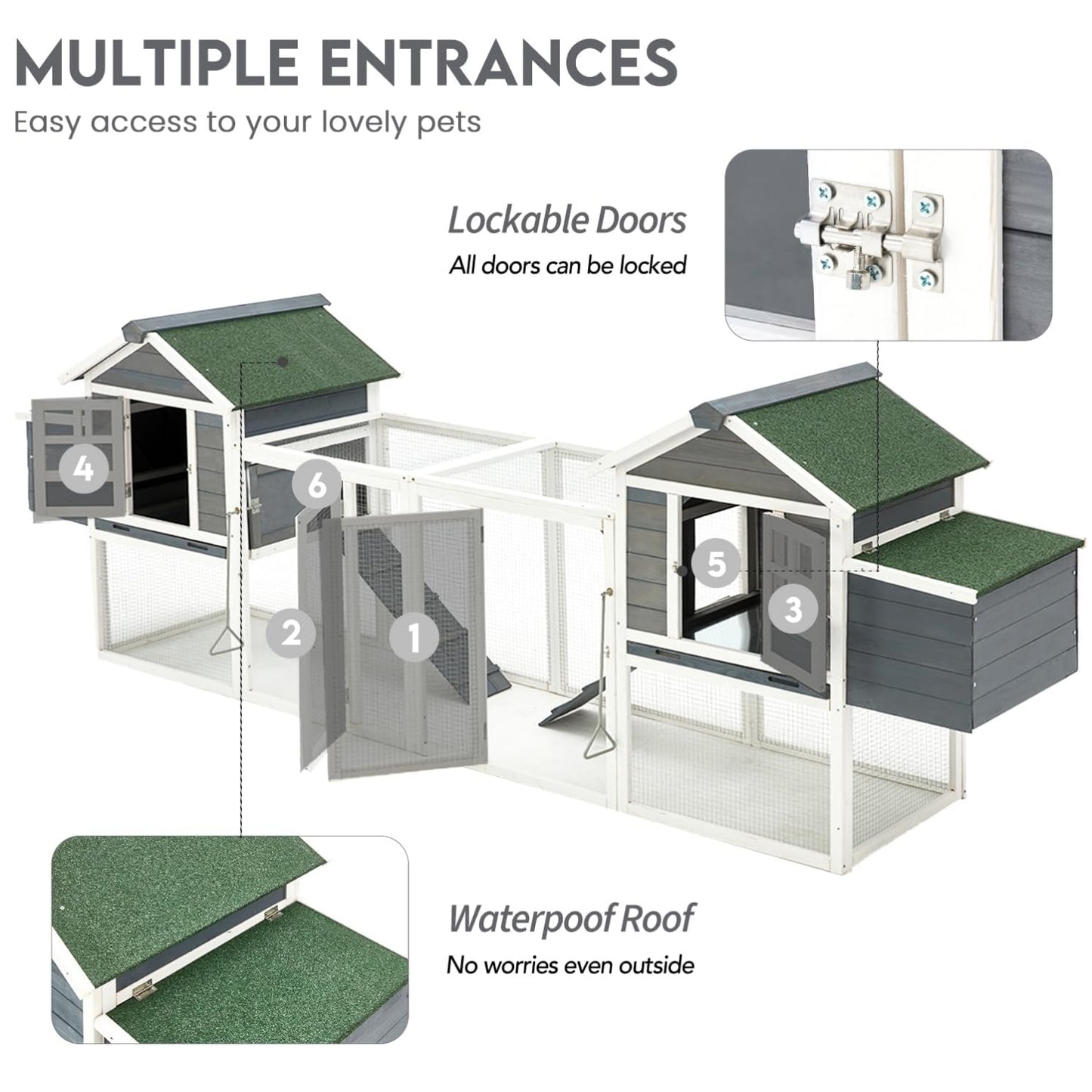 YODOLLA 123" Large Wooden Chicken Coop for 4-6 Chickens, Grey & White
