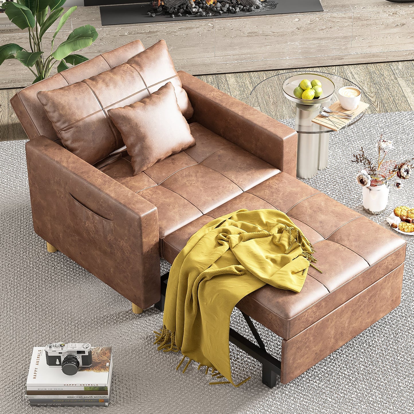 YODOLLA 36" Convertible Chair Bed, Saddle Brown