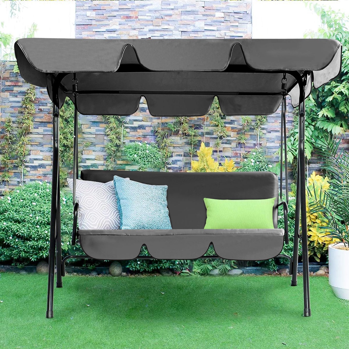 YODOLLA 3-Seat Outdoor Patio Swing with Canopy, Gray