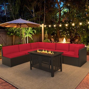 YODOLLA 8 Piece Outdoor Patio Furniture Set with Extra 43 Inch Fire Pit Table, Red