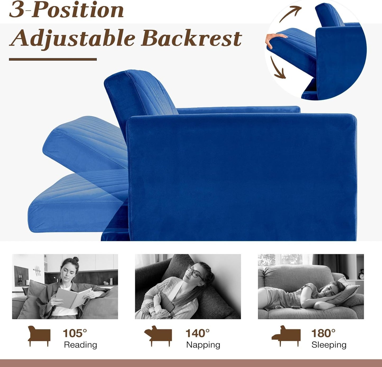 YODOLLA 77" Convertible Futon Sofa Bed 3-in-1 Sleeper Sofa Couch, Blue