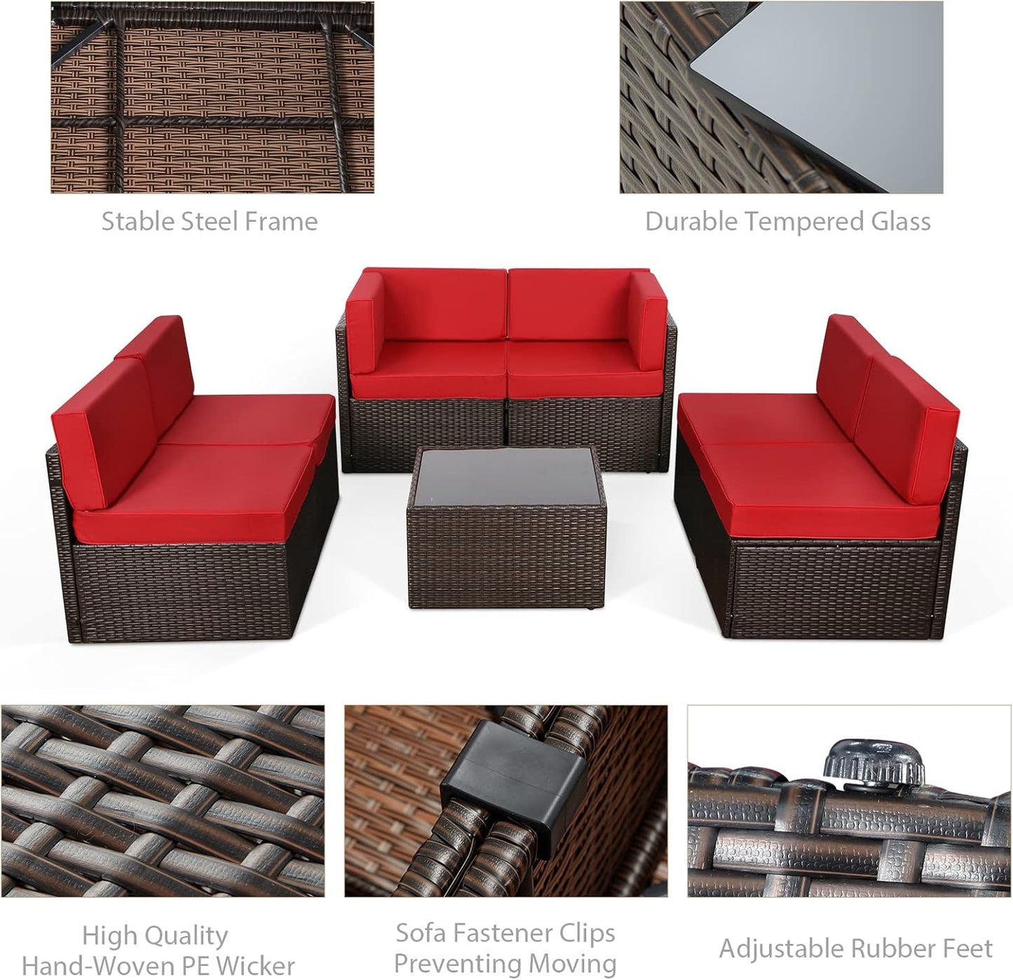 YODOLLA 7 Piece Outdoor Patio Furniture Set, Brown & Red