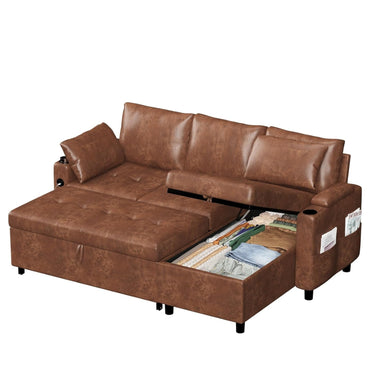 YODOLLA Faux Leather L-Shaped Sleeper Sofa, Pullout Bed, USB & Storage, Brown