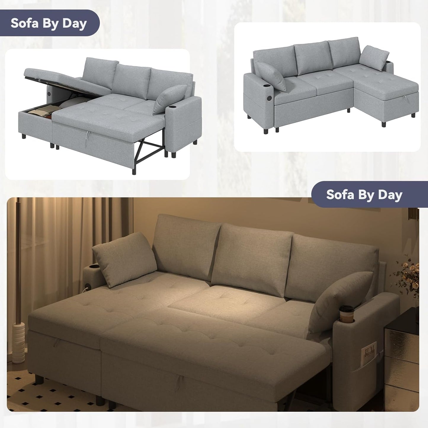 YODOLLA L-Shaped Sleeper Sofa, Pullout Bed, USB & Storage, Grey