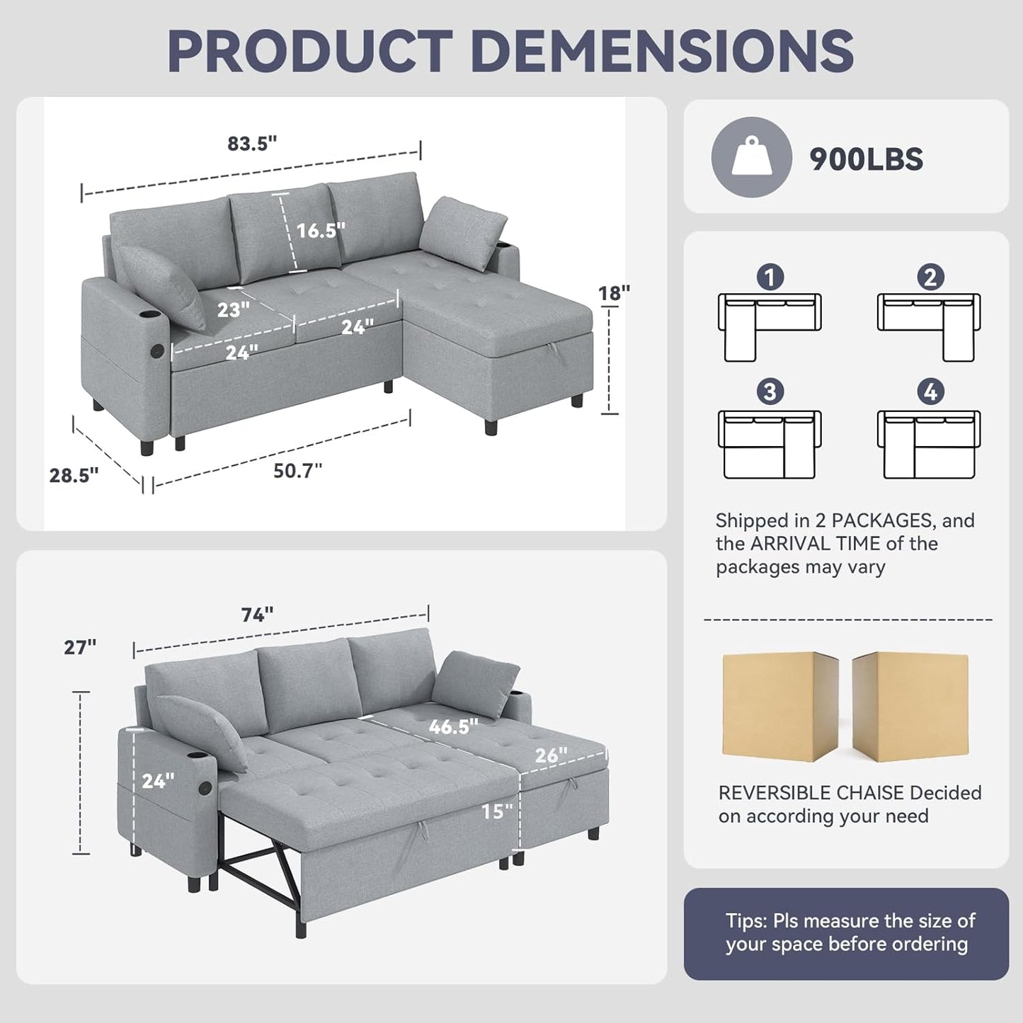 YODOLLA L-Shaped Sleeper Sofa, Pullout Bed, USB & Storage, Grey