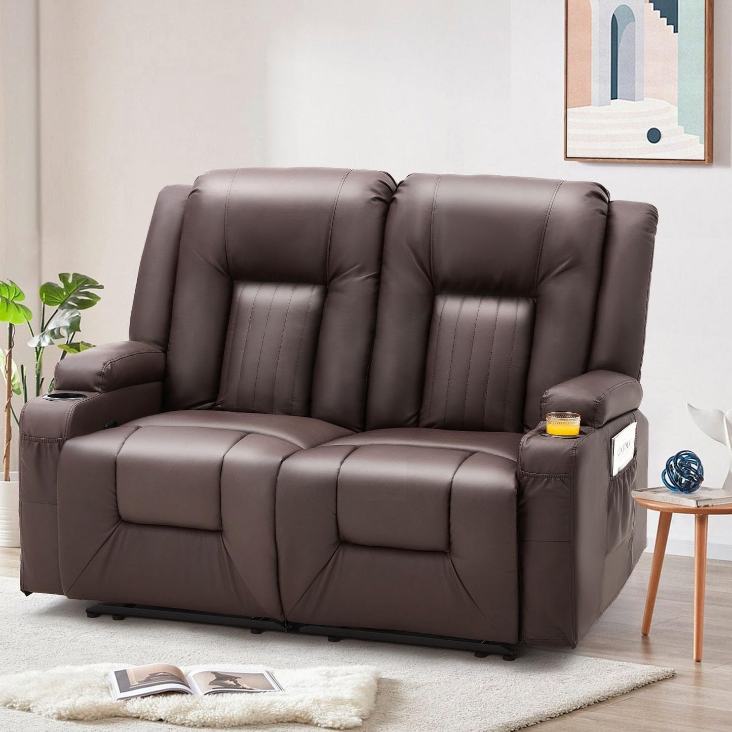 YODOLLA Reclining Loveseat Double Recliner Home Theater Seating, Brown