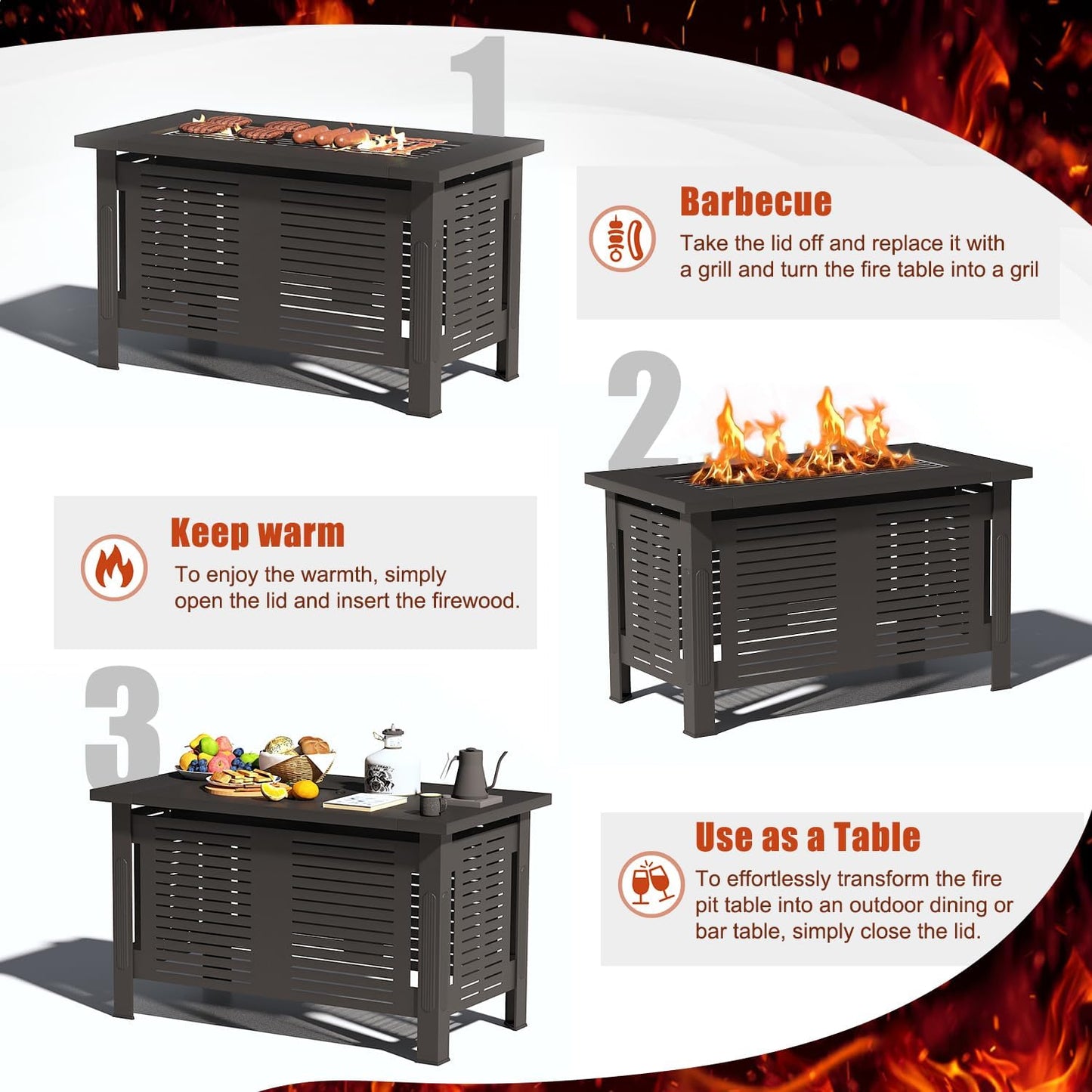 YODOLLA 43 Inch Metal Fire Pit Table Outdoor Fireplaces with Waterproof Cover,