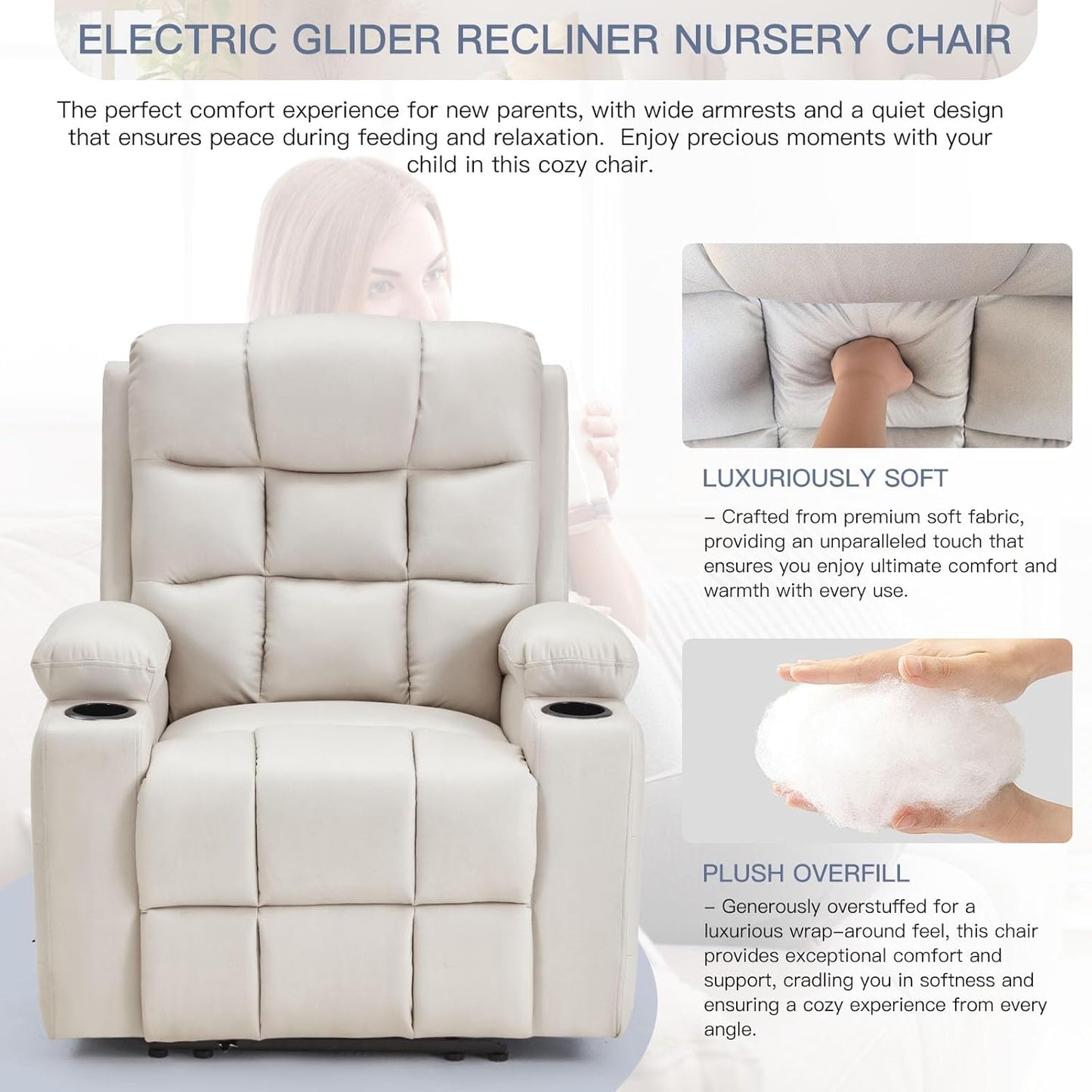 YODOLLA Electric Recliner Nursery Chair with Wide Armrests