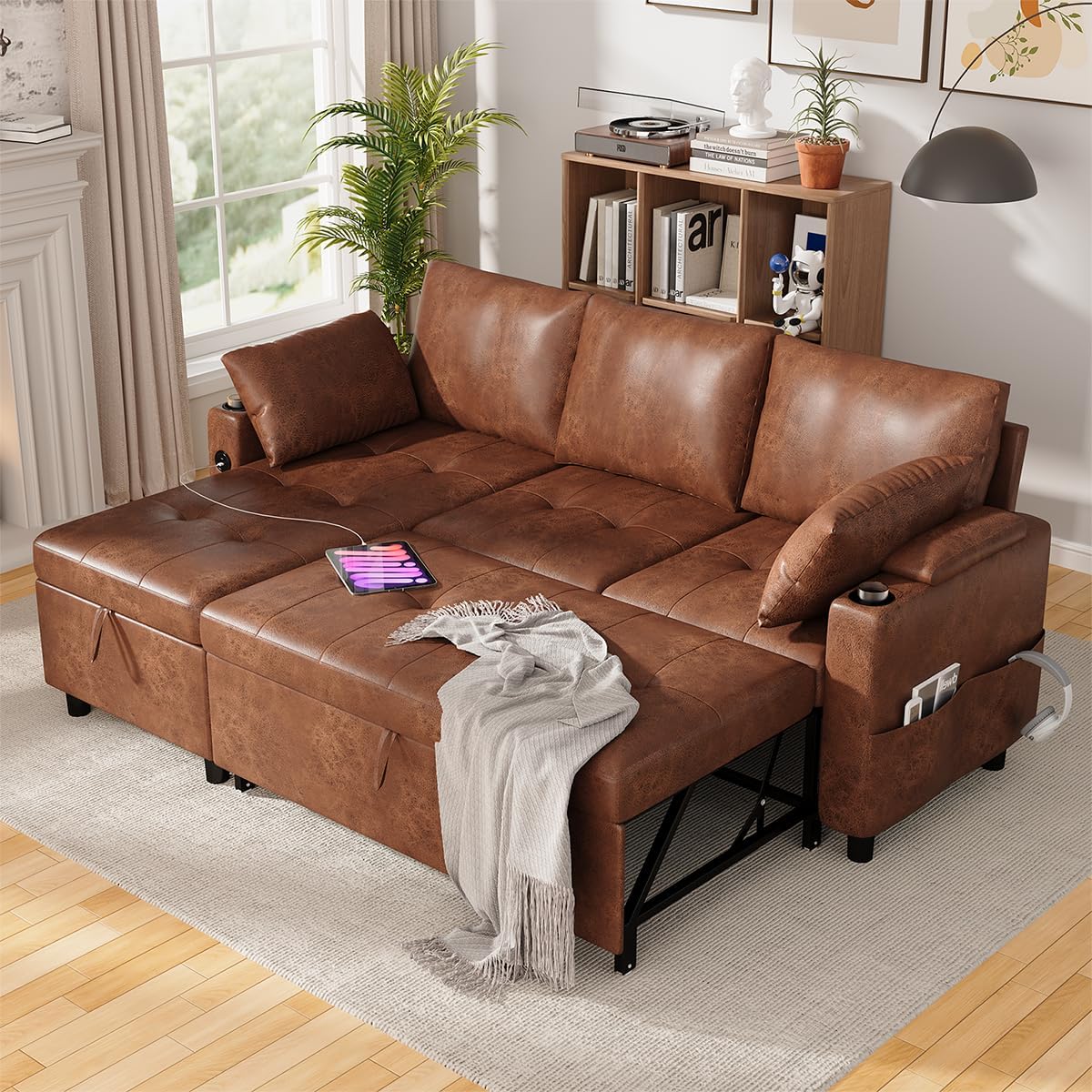 YODOLLA Faux Leather L-Shaped Sleeper Sofa, Pullout Bed, USB & Storage, Brown