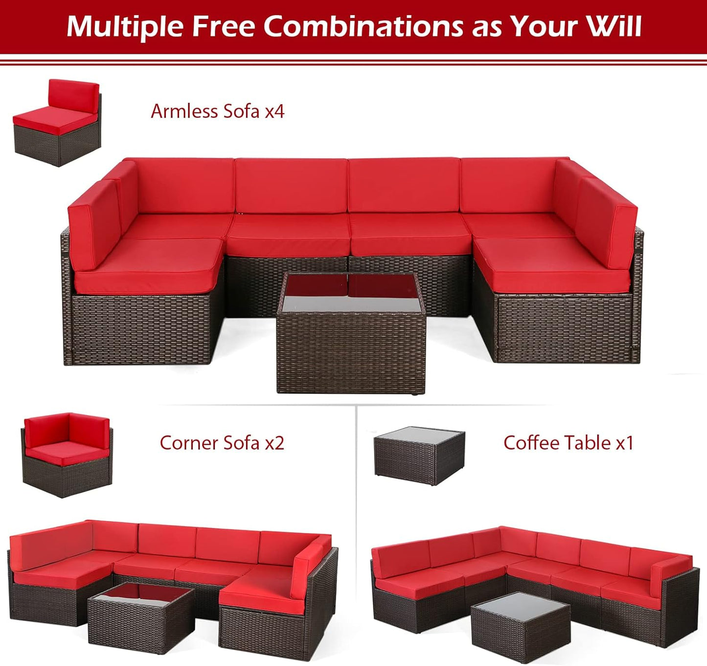 YODOLLA 7 Piece Outdoor Patio Furniture Set, Brown & Red