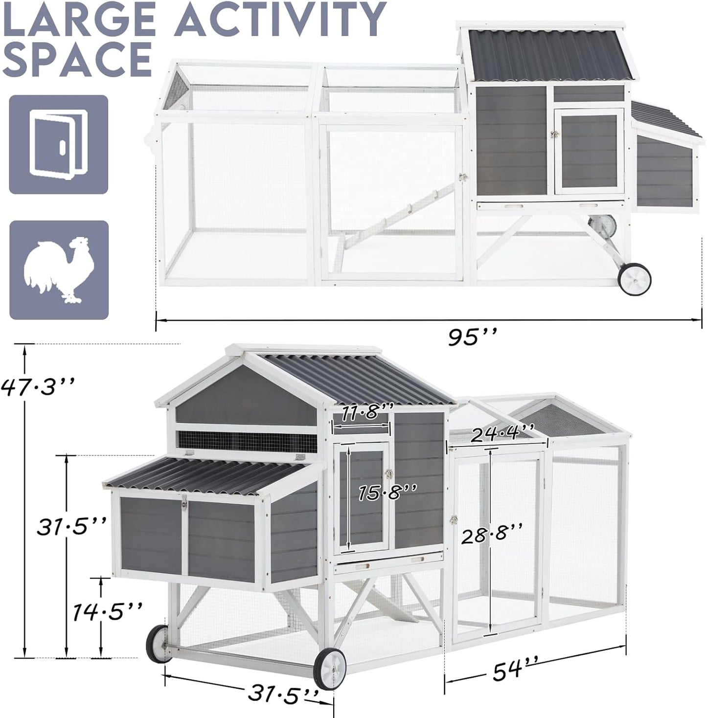 YODOLLA 95“ Wooden Chicken Coop Chicken Tractor Hen House, Natural Wood