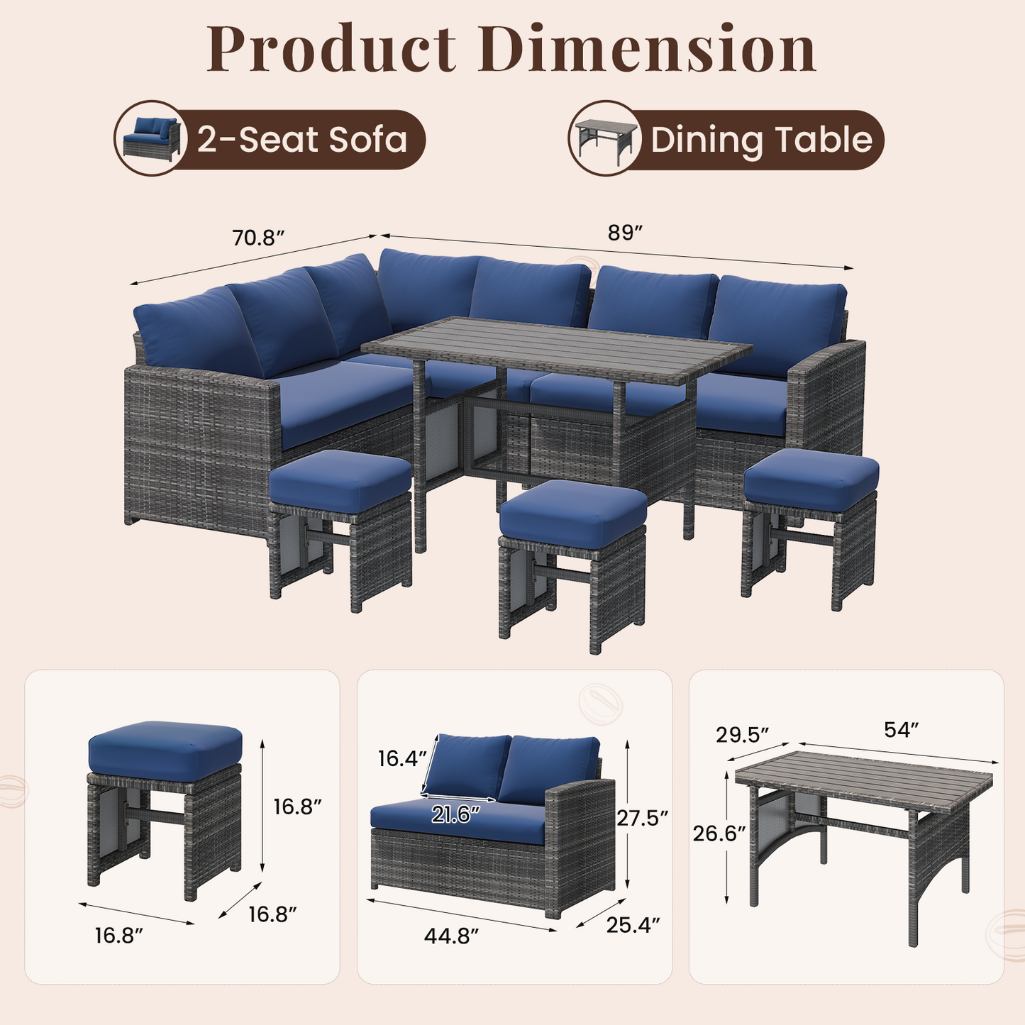 YODOLLA 7-Pc Patio Set, Grey Rattan & Blue Cushion