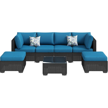 YODOLLA 7 Piece Outdoor Patio Furniture Set, Black & Blue