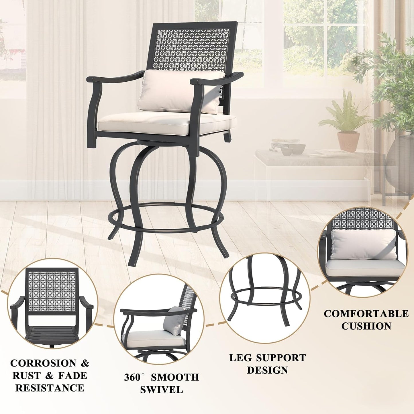 YODOLLA 3 Piece Swivel Bar Set with Cushion, Patio High Top Table and Chairs