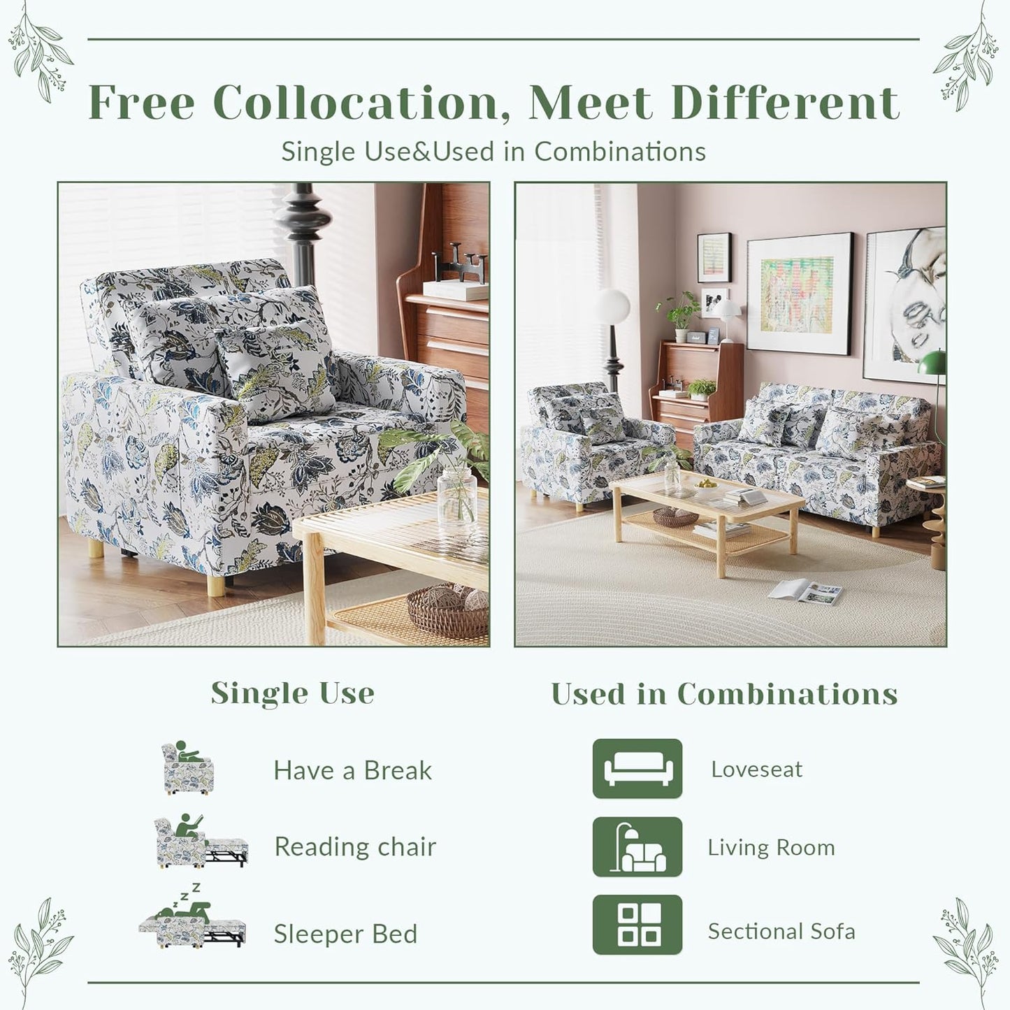 YODOLLA 3-1 Convertible Chair Bed Pull Out Single Sofa Bed, Floral