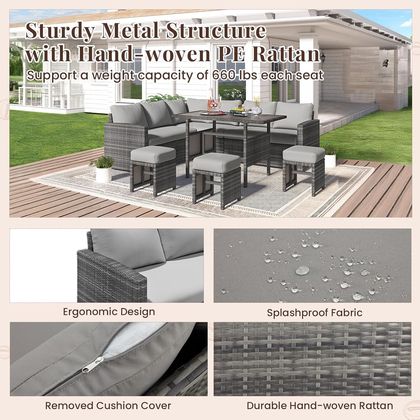 YODOLLA 7 Pieces Outdoor Wicker Rattan Furniture Set, Gray