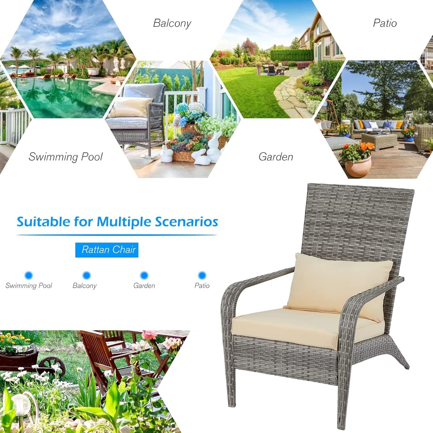 YODOLLA Patio Wicker Adirondack Chair, Coconino Rattan Dining Chairs,Grey