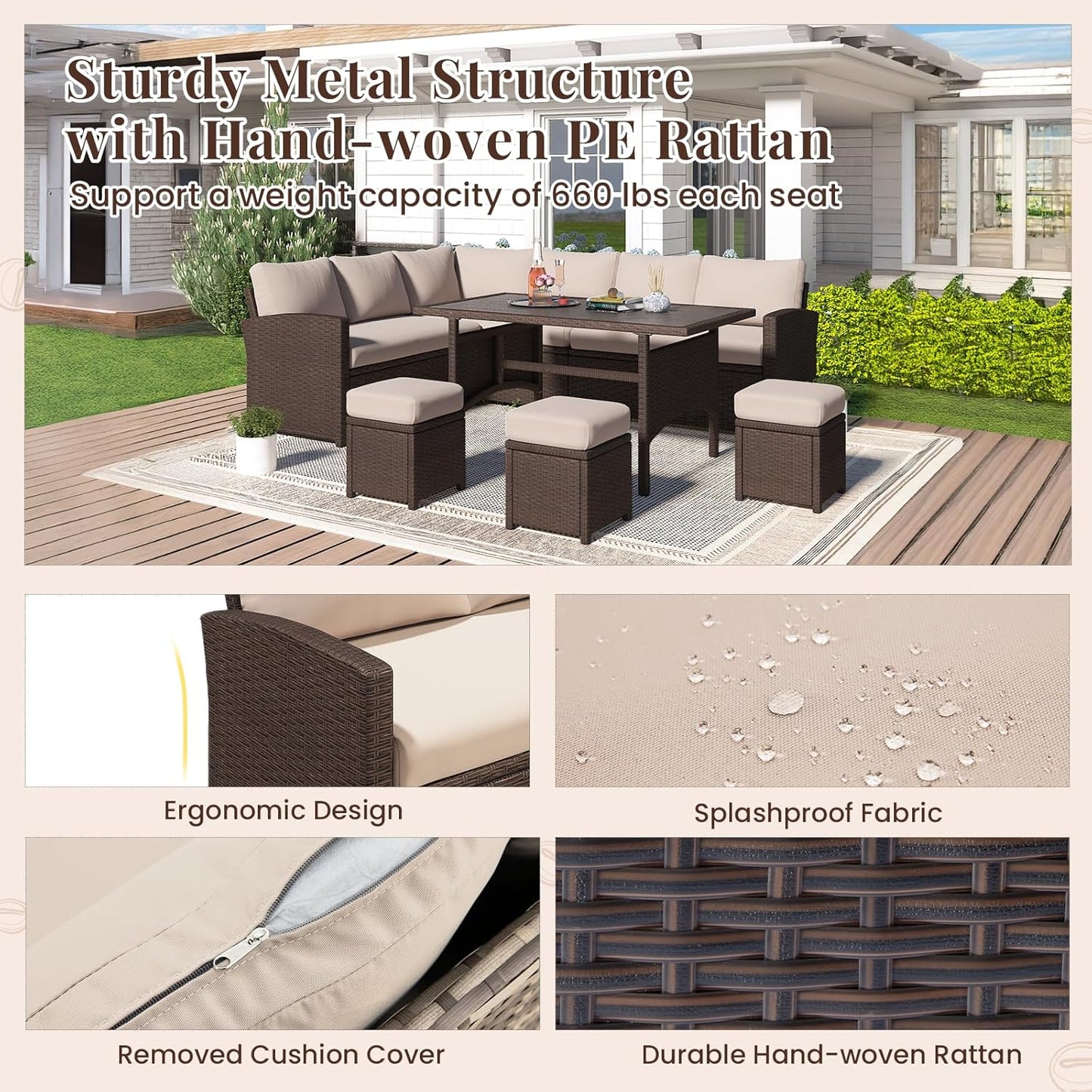 YODOLLA 7-Pc Patio Set, Brown Rattan & Khaki Cushions