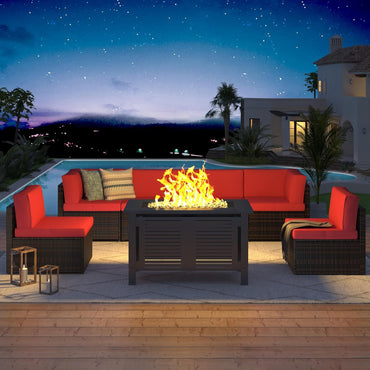 YODOLLA 8 Piece Outdoor Patio Furniture Set with Extra 43 Inch Fire Pit Table, Red