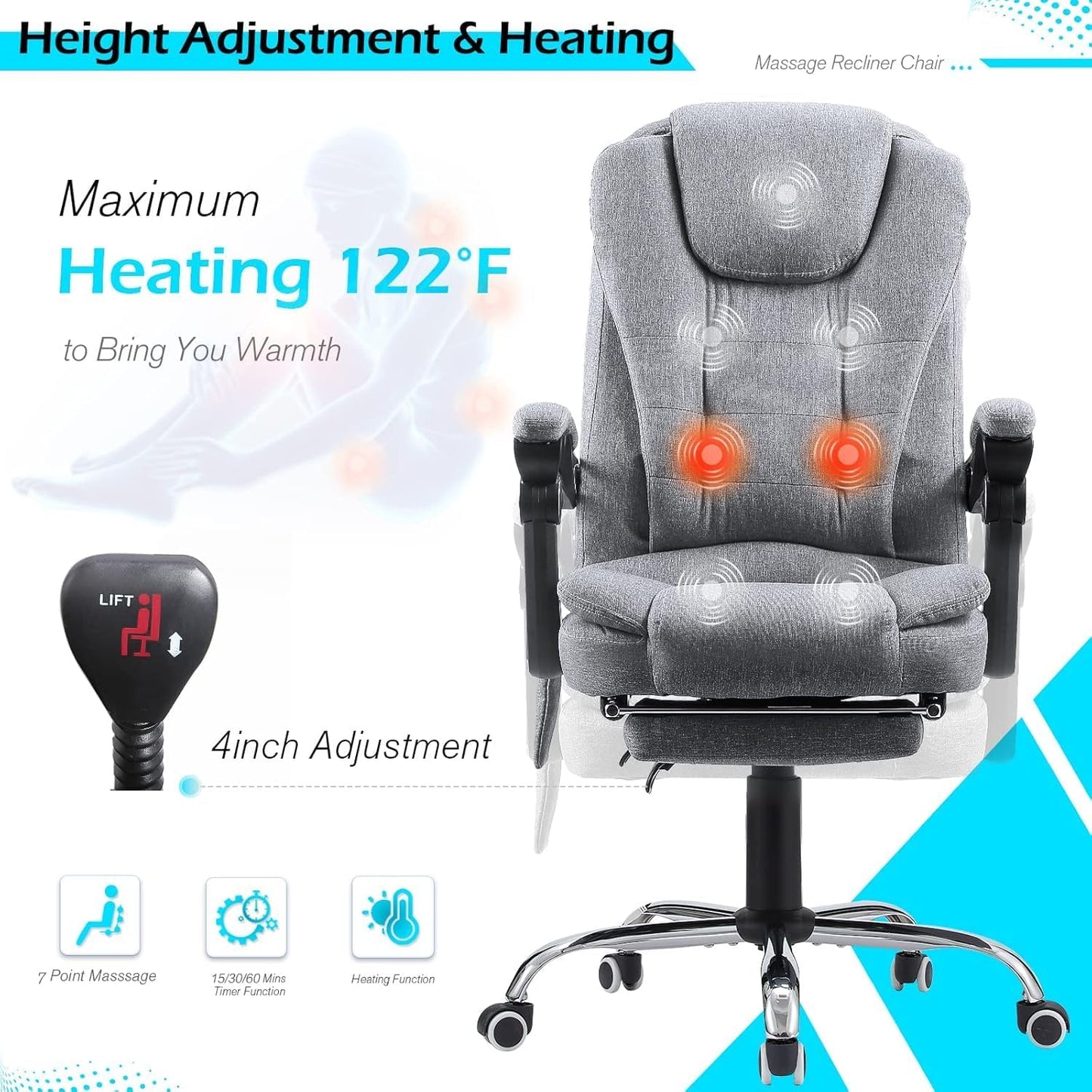YODOLLA Adjustable Office Chair with Foot Rest, Heat and 7 Points Vibration Massage