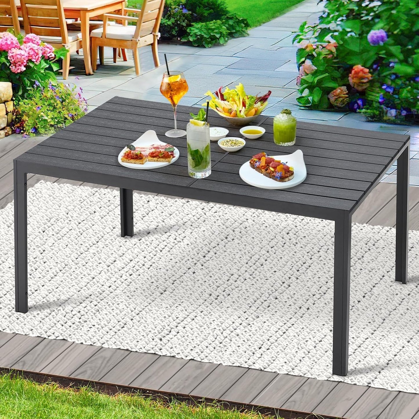 YODOLLA 60" Outdoor Aluminum Patio Dining Table with Wood-Plastic Composite Tabletop