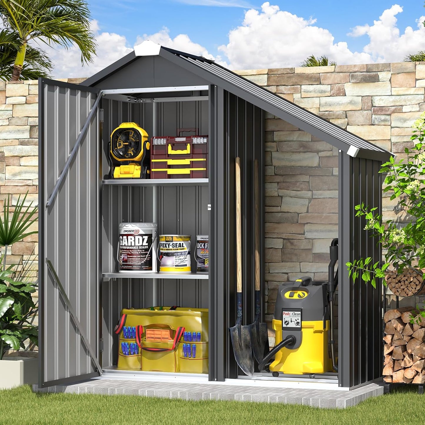 YODOLLA Waterproof Storage Cabinet with Shelves and Lean to Open-Sided Firewood Racks