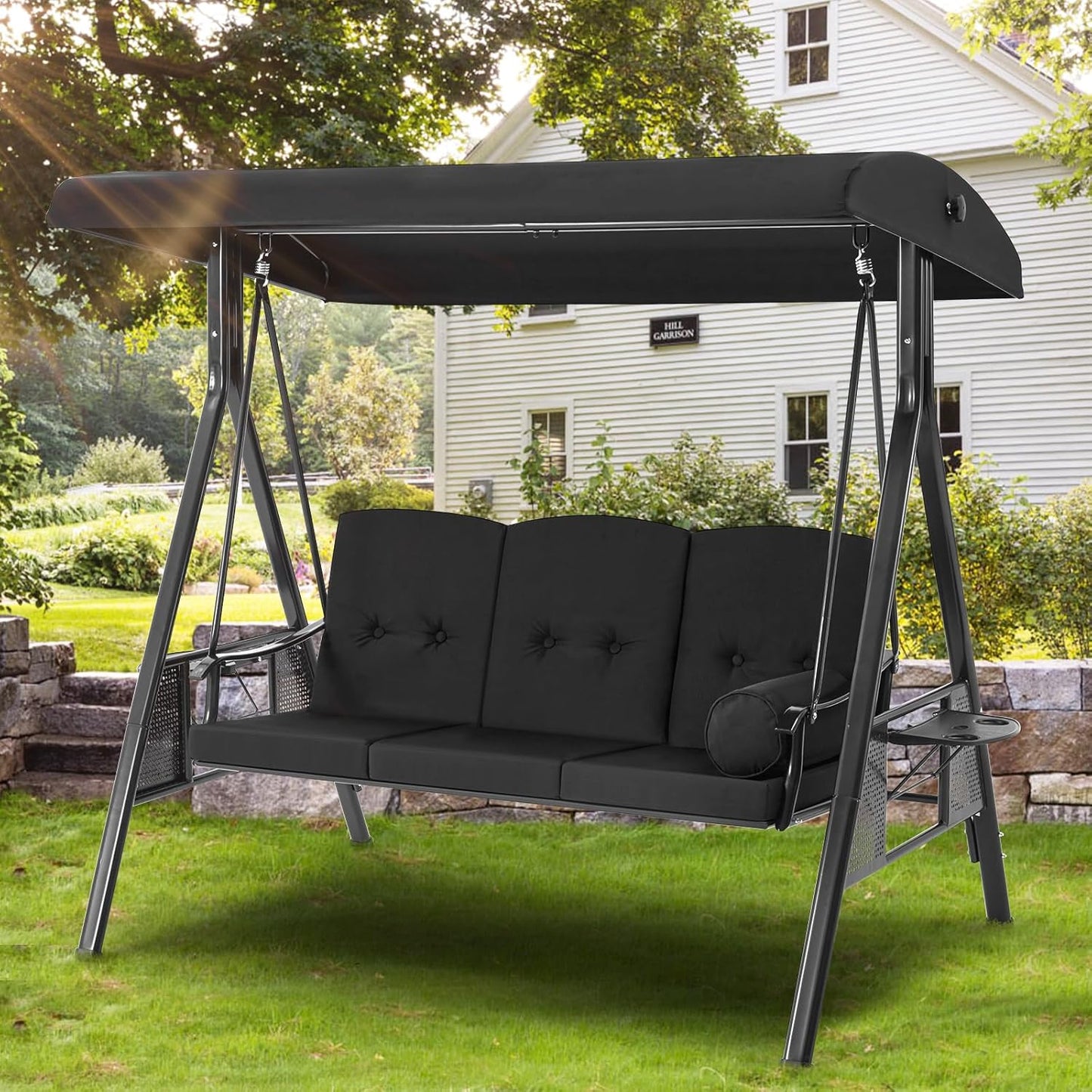 YODOLLA 3-Seat Patio Porch Swing Chair, Black