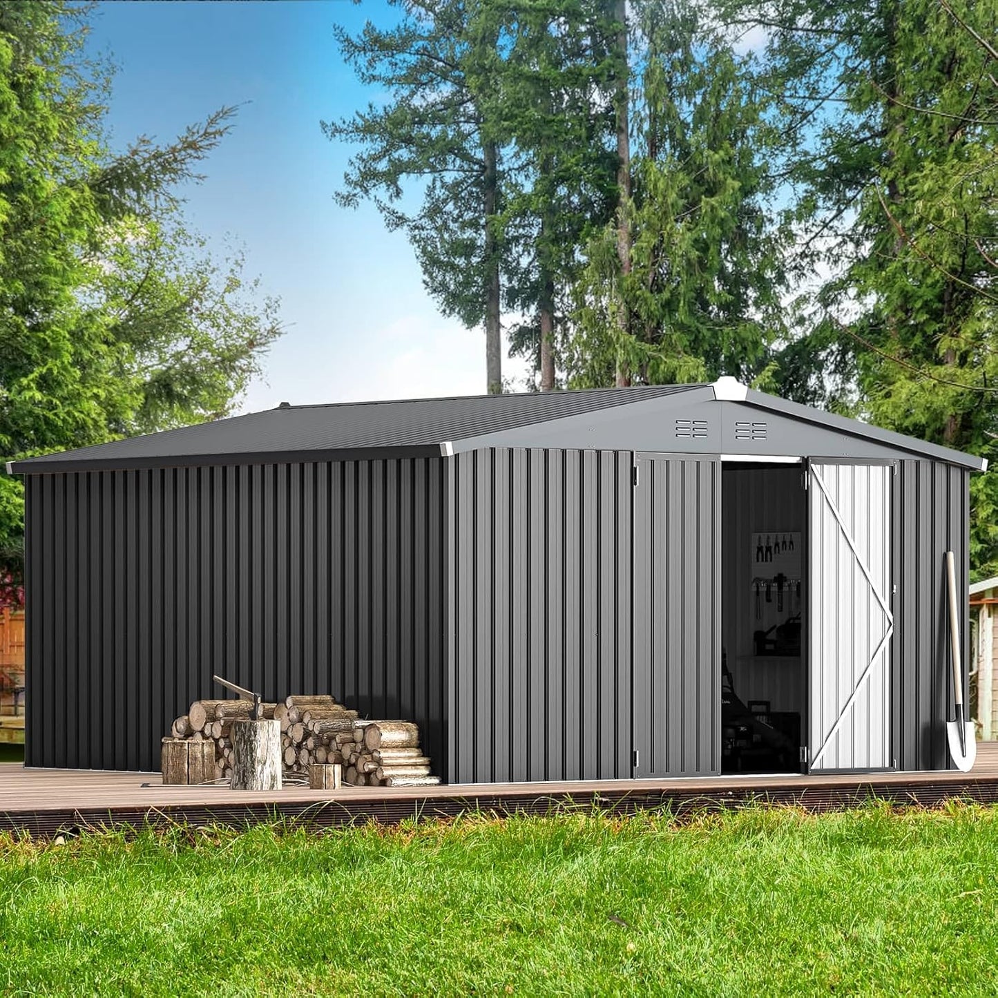 YODOLLA 12' x 12' Outdoor Storage Shed Large Metal Sheds, Dark Grey