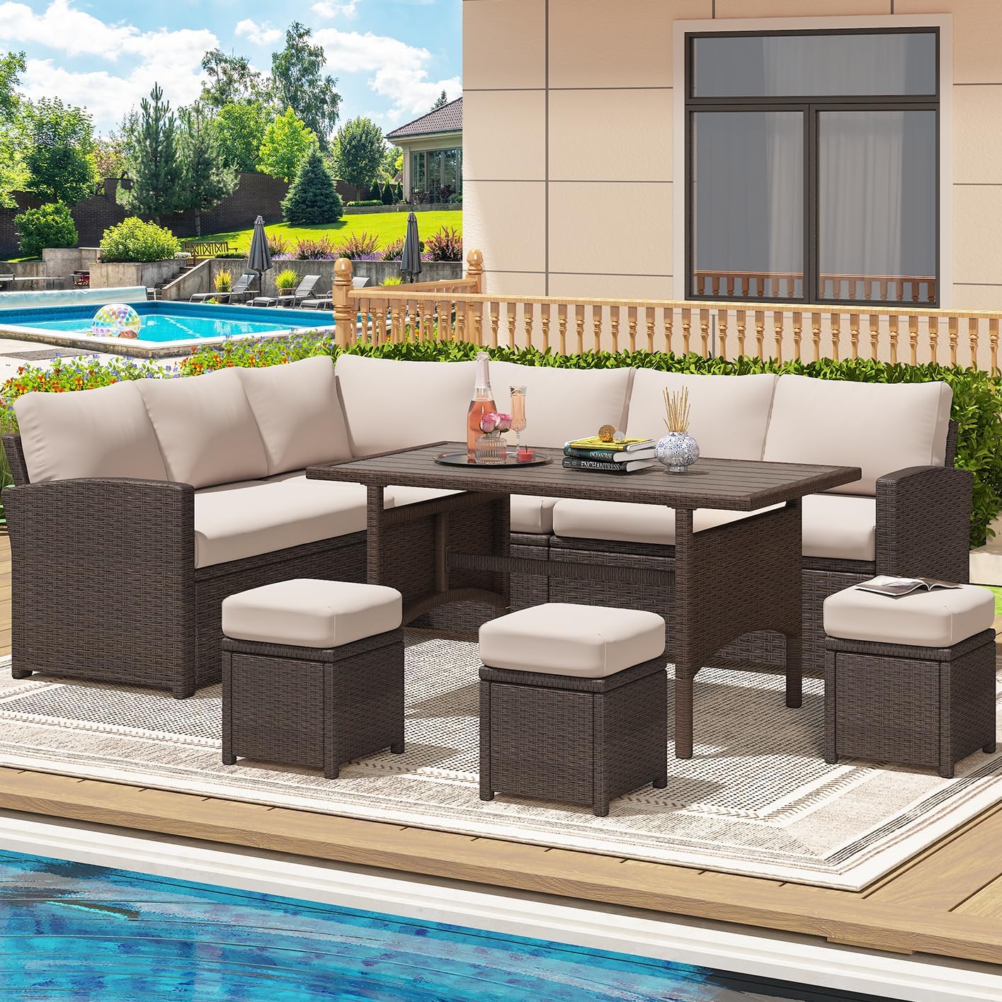 YODOLLA 7-Pc Patio Set, Brown Rattan & Khaki Cushions