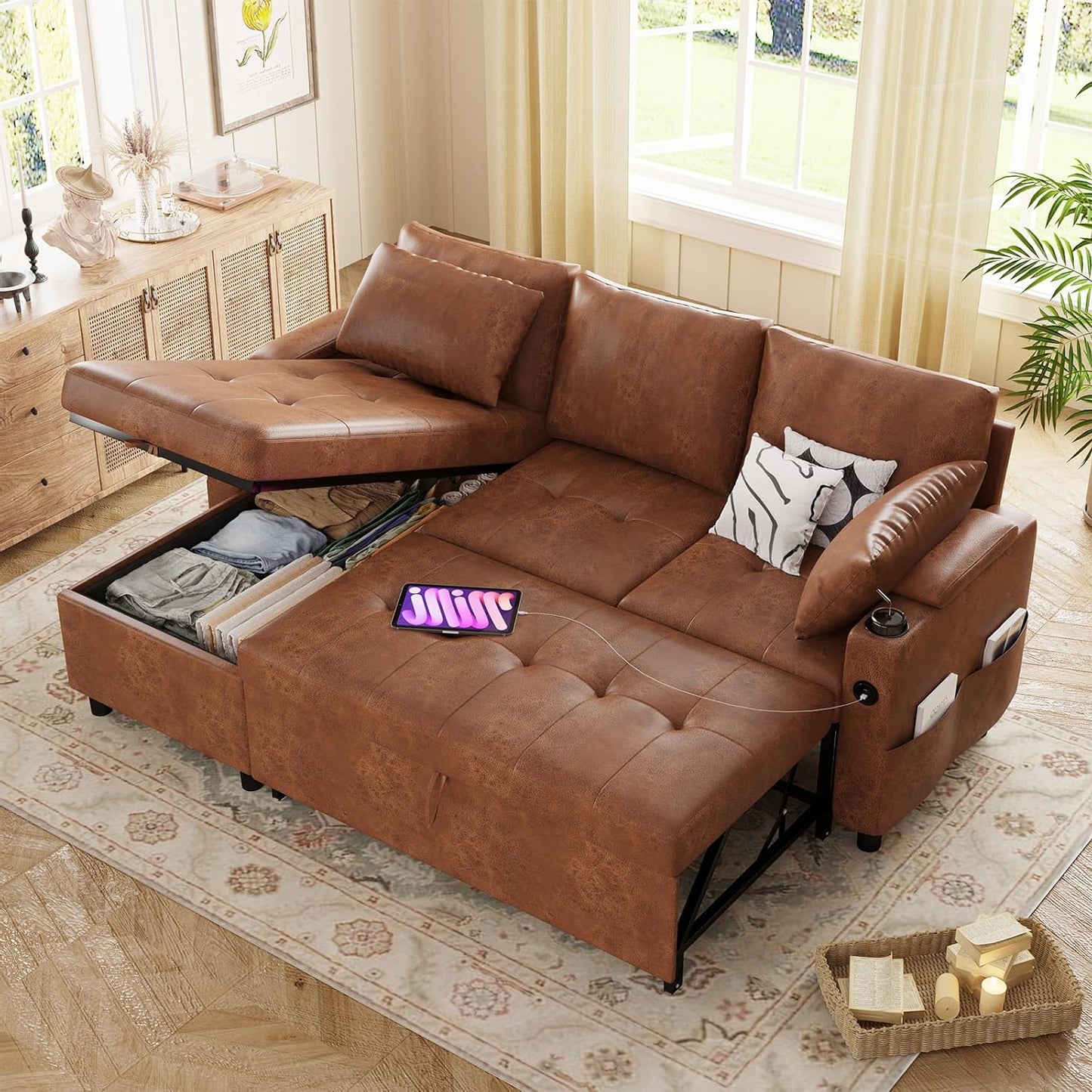 YODOLLA Faux Leather L-Shaped Sleeper Sofa, Pullout Bed, USB & Storage, Brown