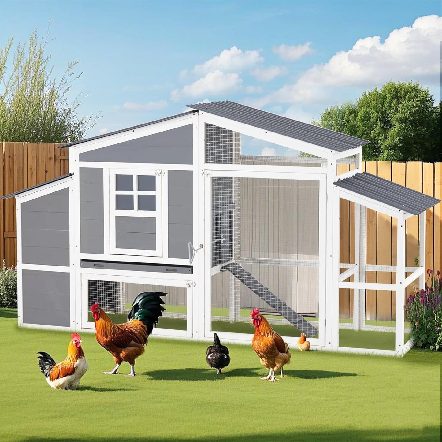 YODOLLA 81" Wooden Chicken Coop Chicken House, Grey & White