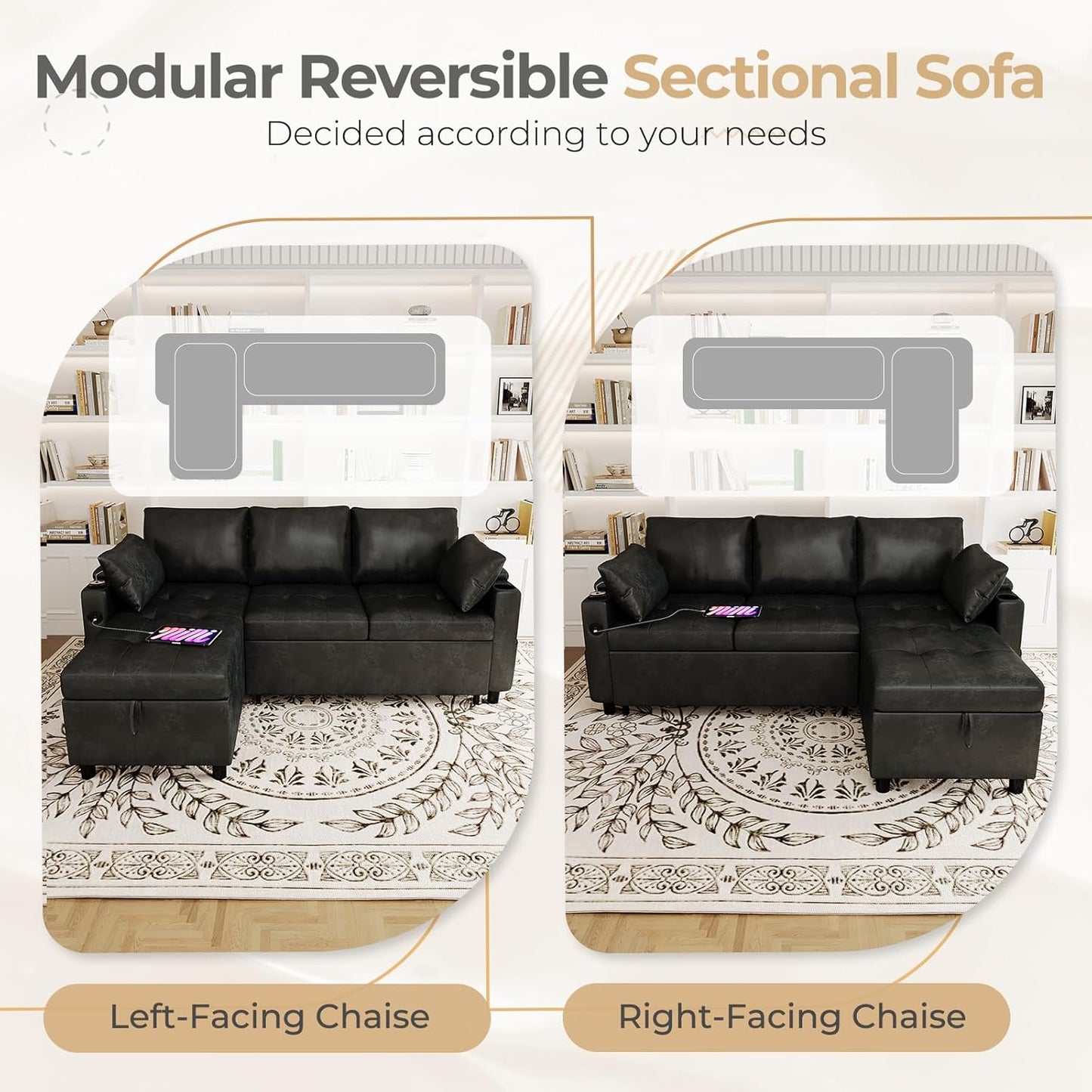 YODOLLA Faux Leather L-Shaped Sleeper Sofa, Pullout Bed, USB & Storage, Black