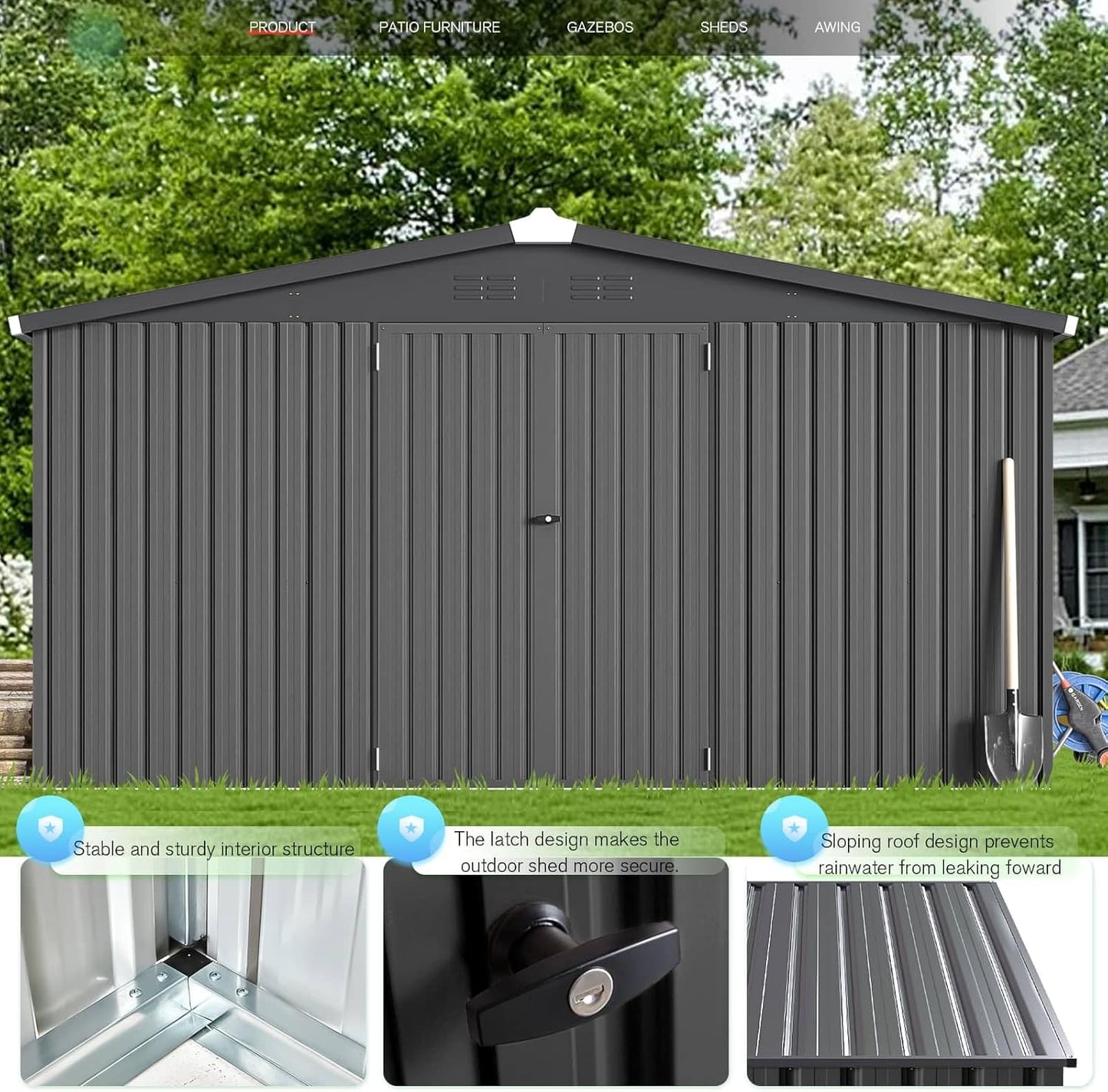 YODOLLA 12' x 12' Outdoor Storage Shed Large Metal Sheds, Dark Grey