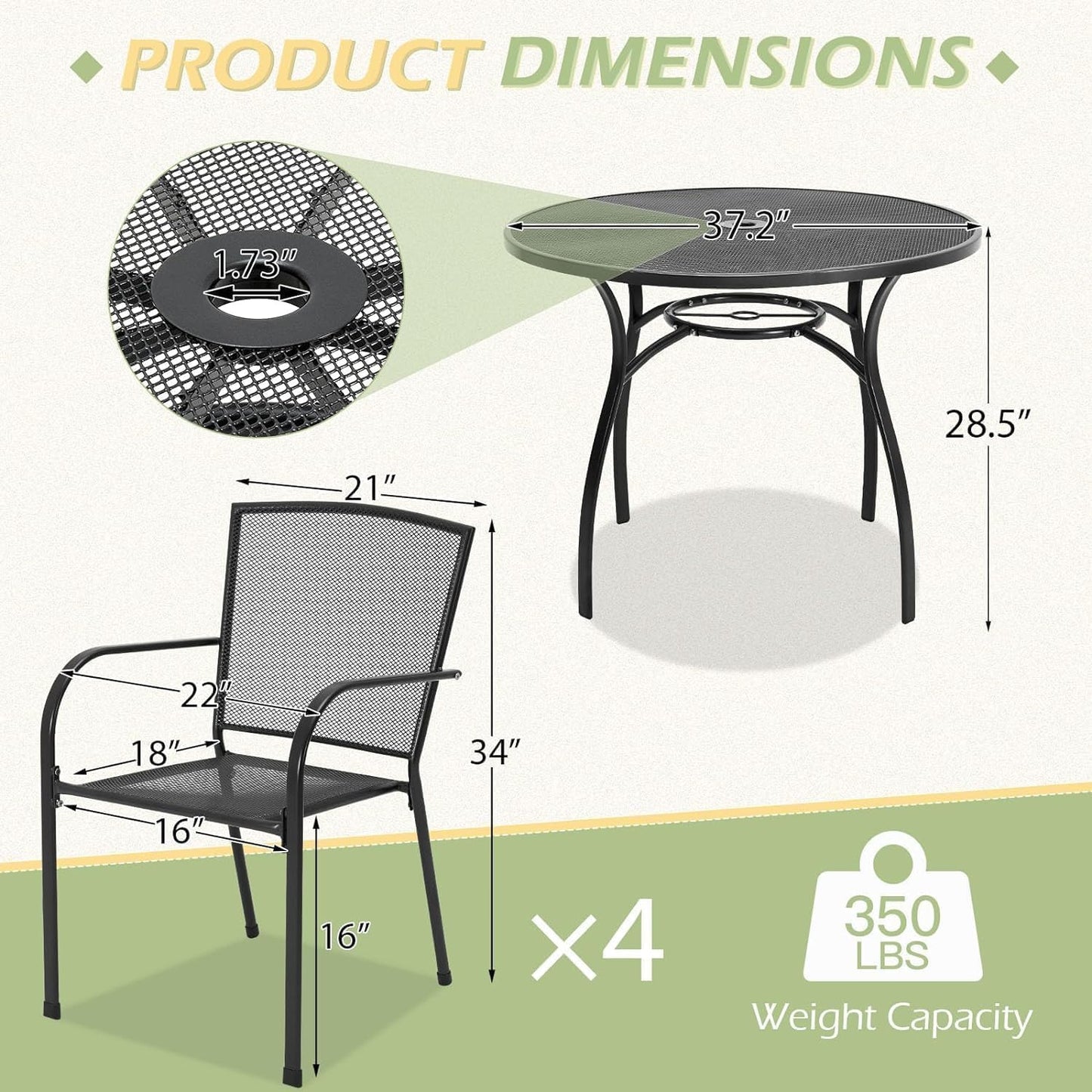 YODOLLA 5 Piece Outdoor Dining Sets with 1.73" Umbrella Hole