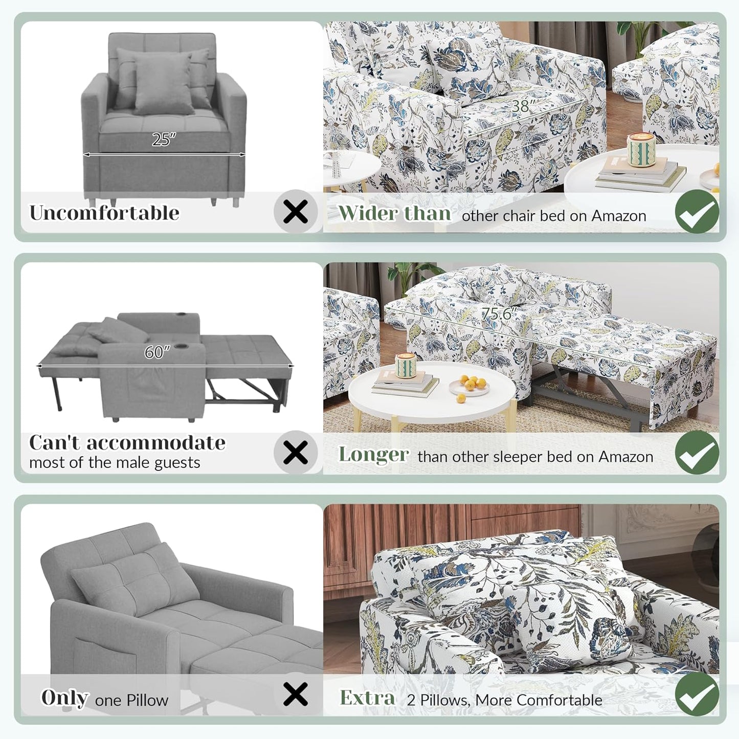 YODOLLA 3-1 Convertible Chair Bed Pull Out Single Sofa Bed, Floral